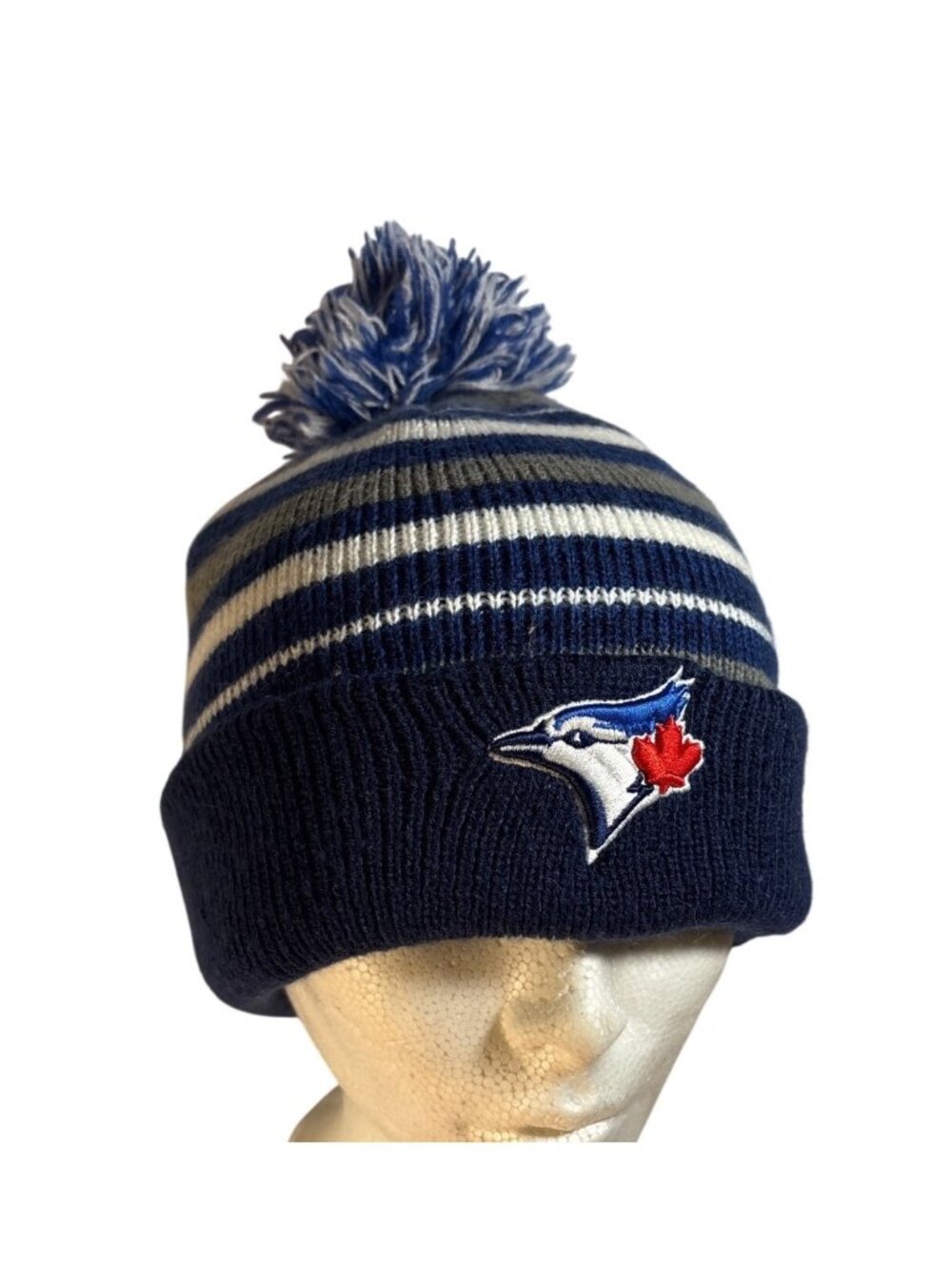 Toronto Blue Jays Knit Beanie Pom Blue White Stripe Gertex Genuine Merchandise
